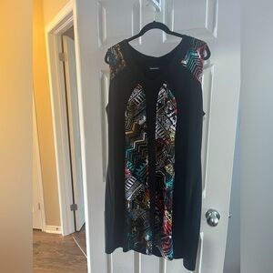 Black Sleeveless Dress with Multicolor Tribal Panels, flattering & comfortable.
